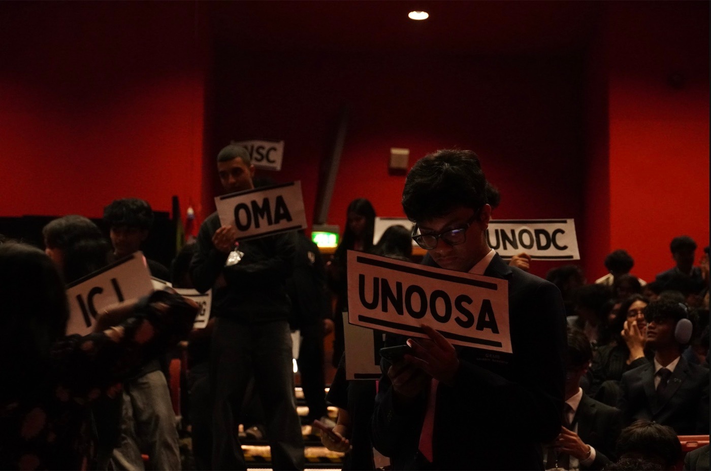 Delegates holding up committee placards in the auditorium